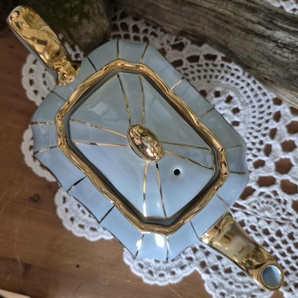 SADLER 30s Vintage Blue Cube Teapot with 24KT Gold Birds - Picture 8 of 15